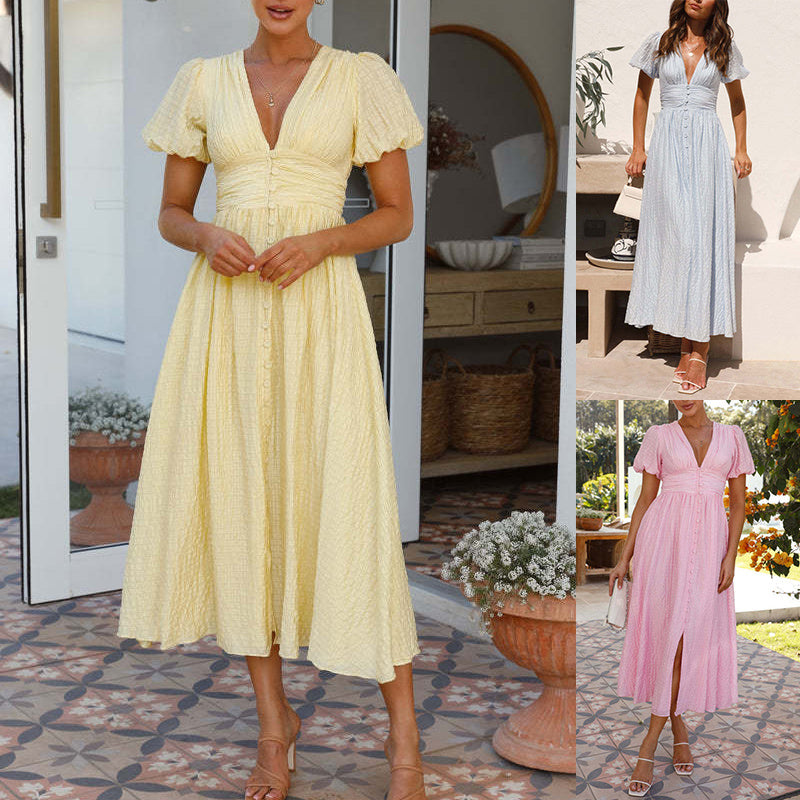 Grace – Lange Zomerjurk met Pofmouwen en Nauwsluitend Design