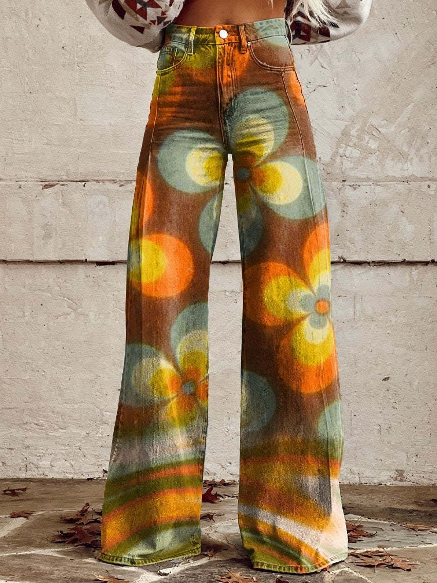 Charlotte – Gedrukte Hoge Taille Imitatie Denim Wijde Broek