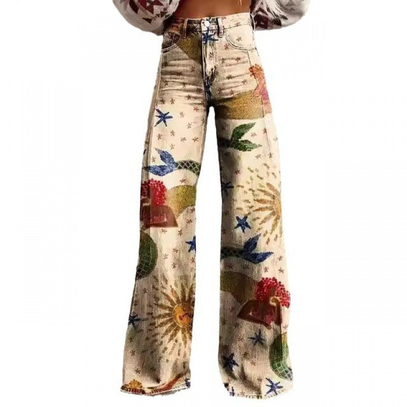 Charlotte – Gedrukte Hoge Taille Imitatie Denim Wijde Broek