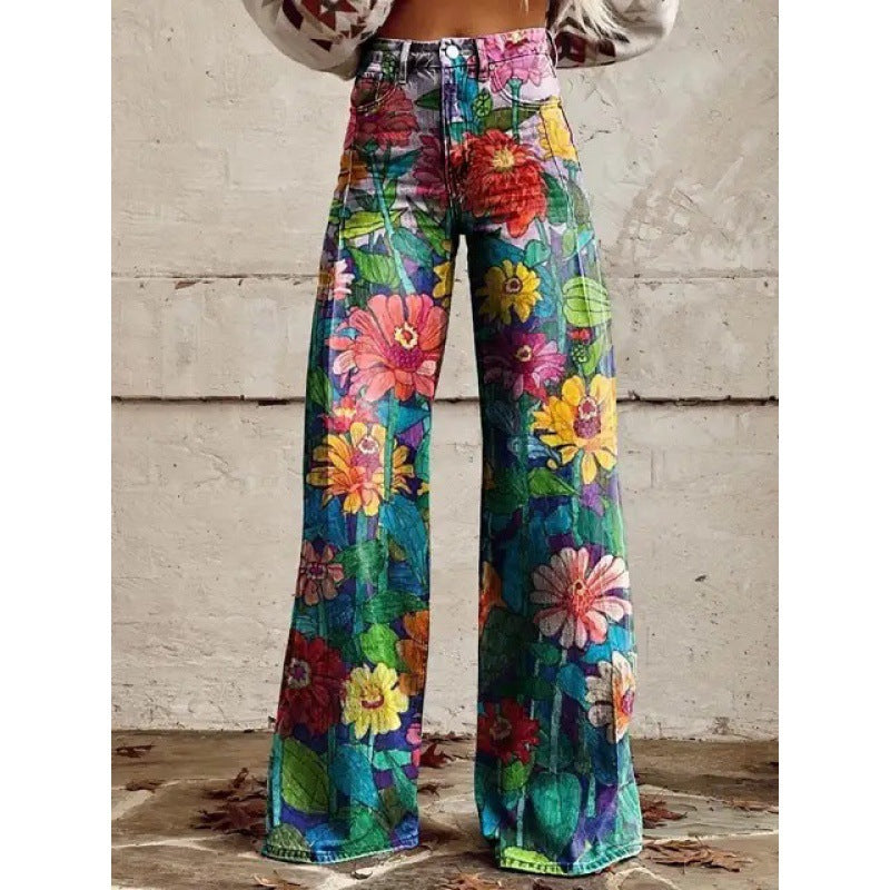Charlotte – Gedrukte Hoge Taille Imitatie Denim Wijde Broek