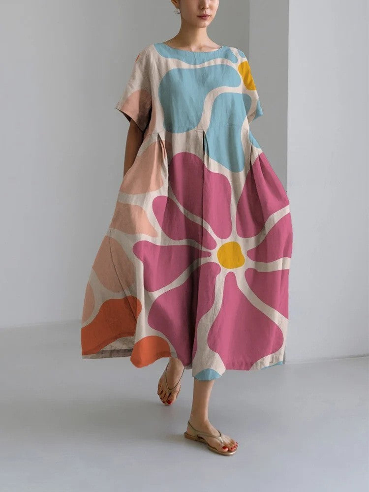 Lydia – Retro Stijl Lange Jurk met Kunstzinnig Geometrisch Patroon