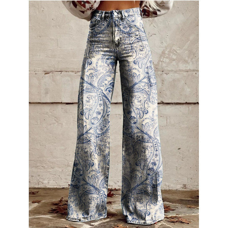 Charlotte – Gedrukte Hoge Taille Imitatie Denim Wijde Broek