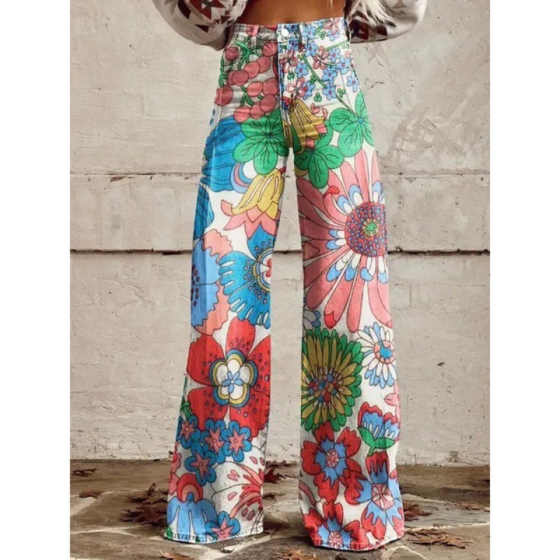 Charlotte – Gedrukte Hoge Taille Imitatie Denim Wijde Broek
