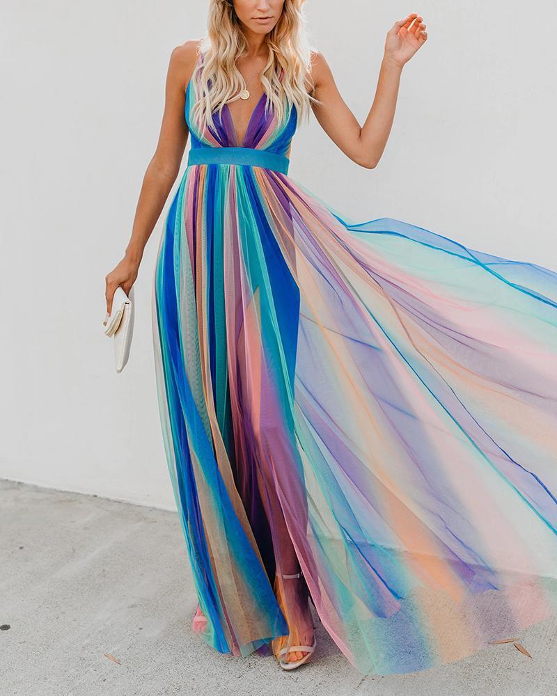 Wendy – Regenboog Mesh Jurk met Spaghetti Bandjes