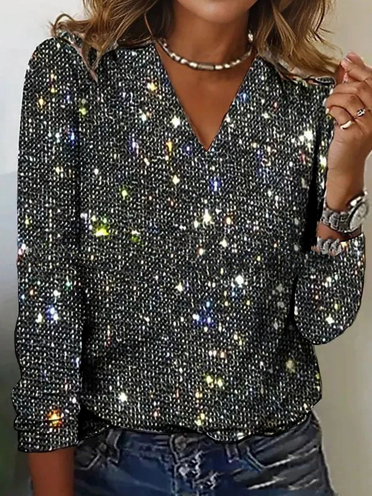 Caroline – Trendy Dames Glitter V-Hals Blouse met Lange Mouwen voor Lente en Zomer