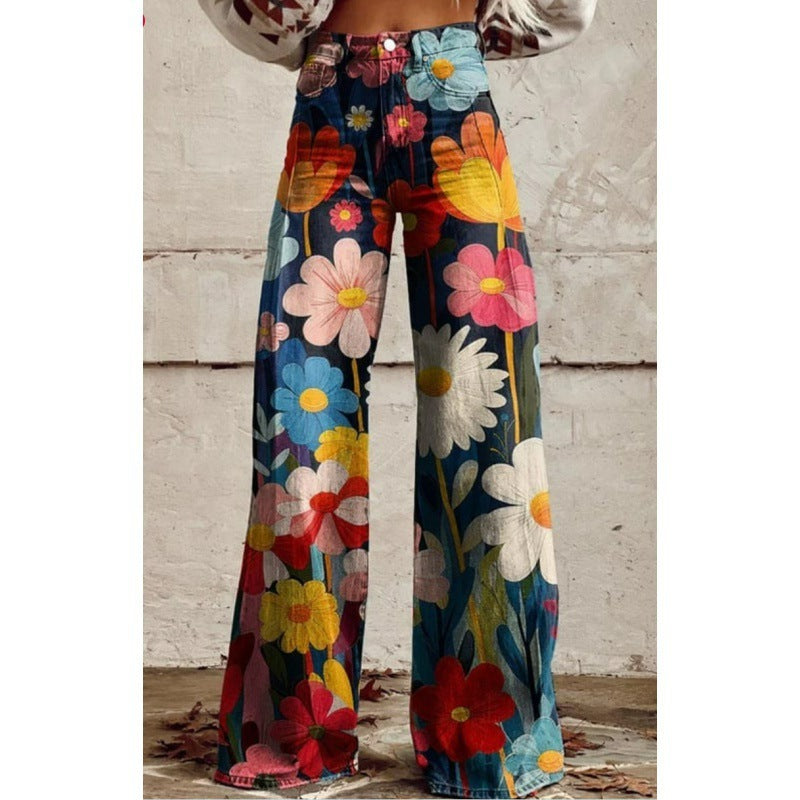 Charlotte – Gedrukte Hoge Taille Imitatie Denim Wijde Broek