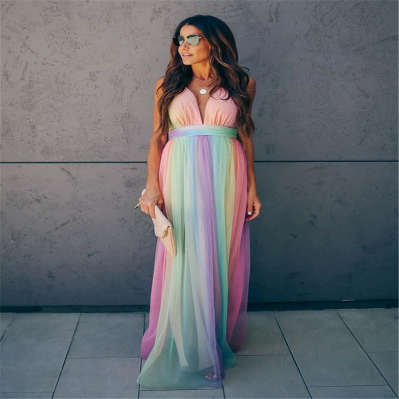 Wendy – Regenboog Mesh Jurk met Spaghetti Bandjes