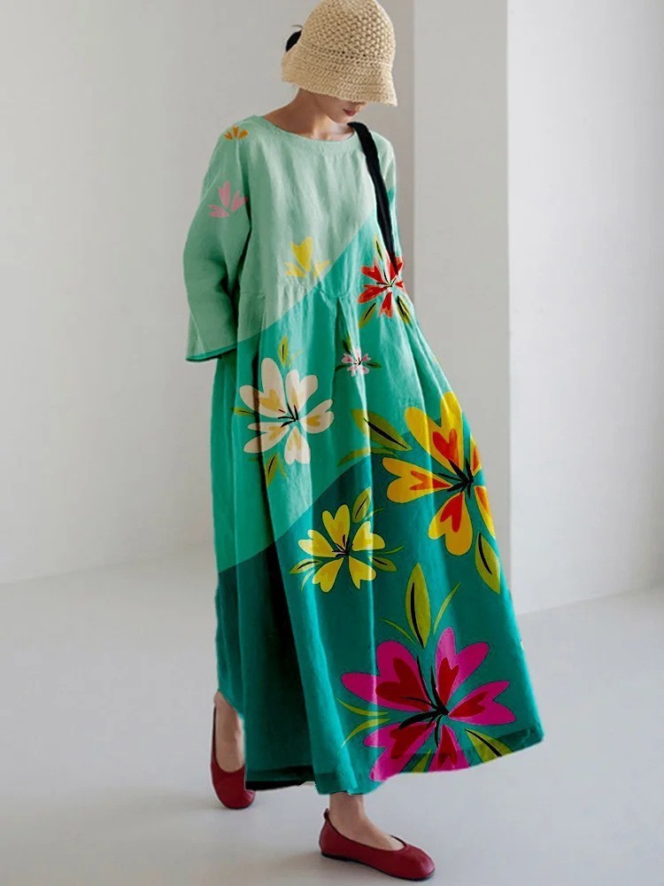 Lydia – Retro Stijl Lange Jurk met Kunstzinnig Geometrisch Patroon