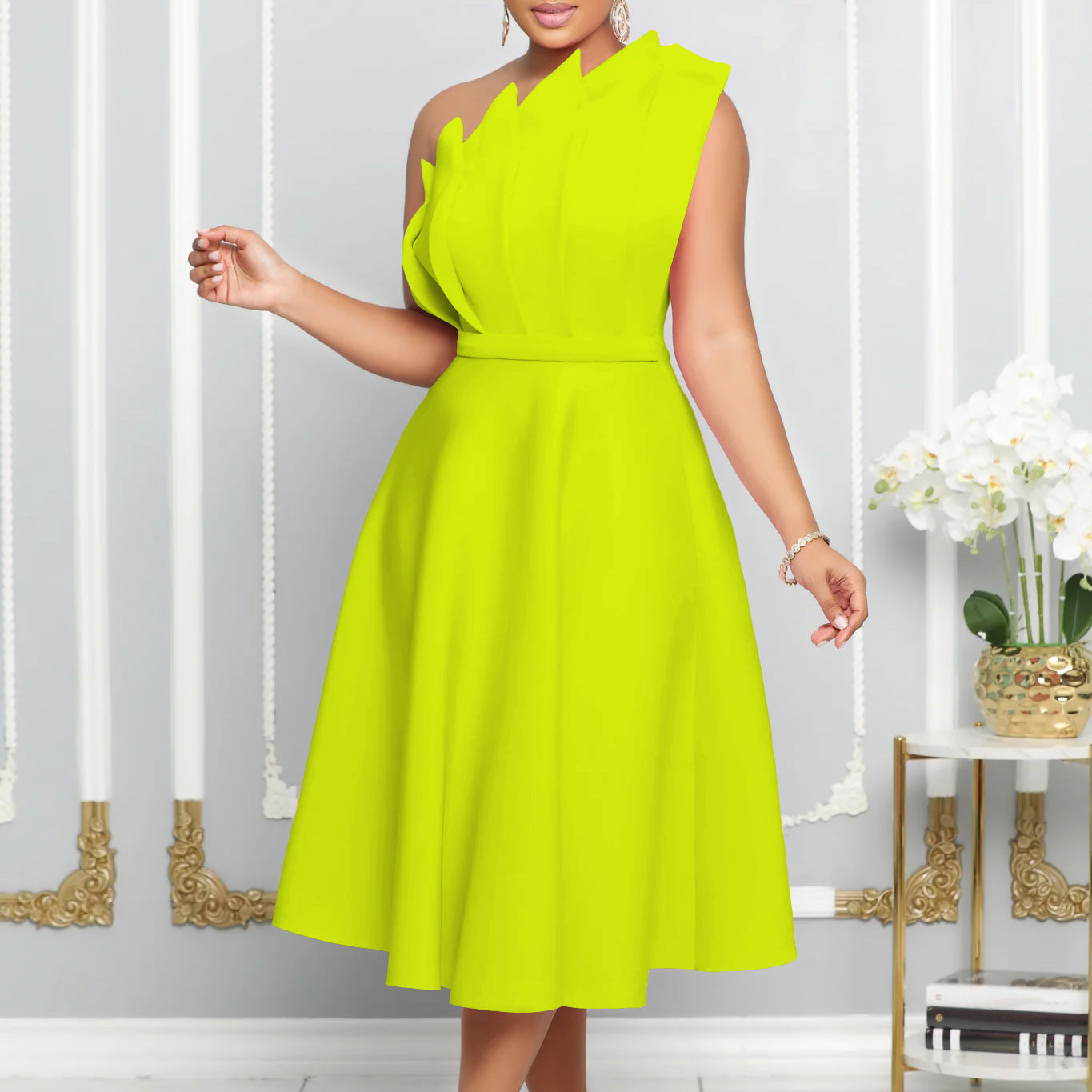 Kathryn – Elegante One-shoulder Jurk met Hoge Taille en Ruches