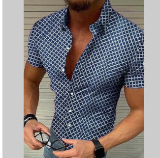 Heren Slim Fit Overhemd met Korte Mouwen – Casual Geometrisch Design