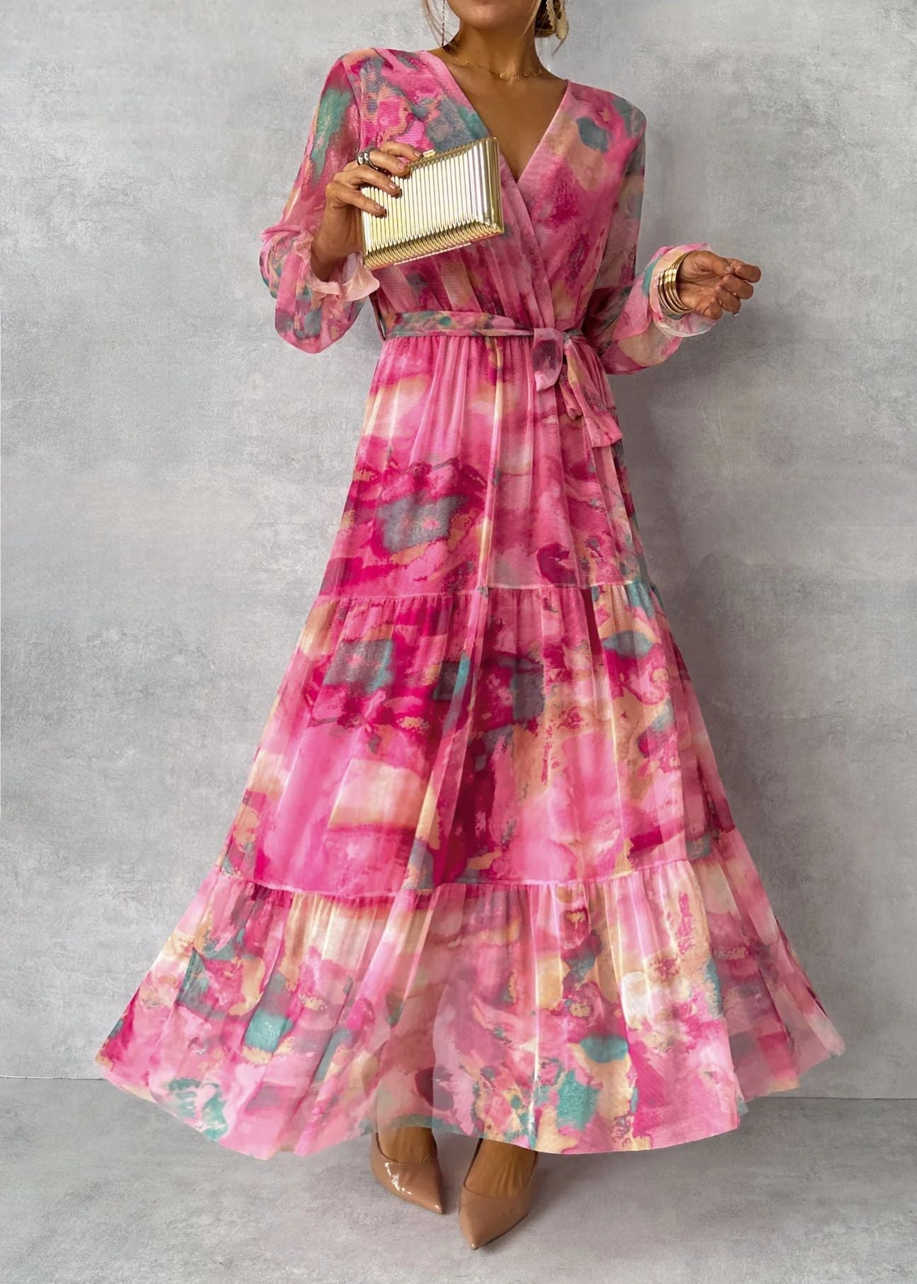 Gillian – Elegant Chiffon Jurk met Trekkoord en Patchwork