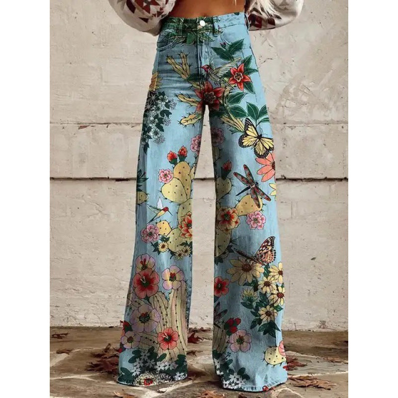 Charlotte – Gedrukte Hoge Taille Imitatie Denim Wijde Broek