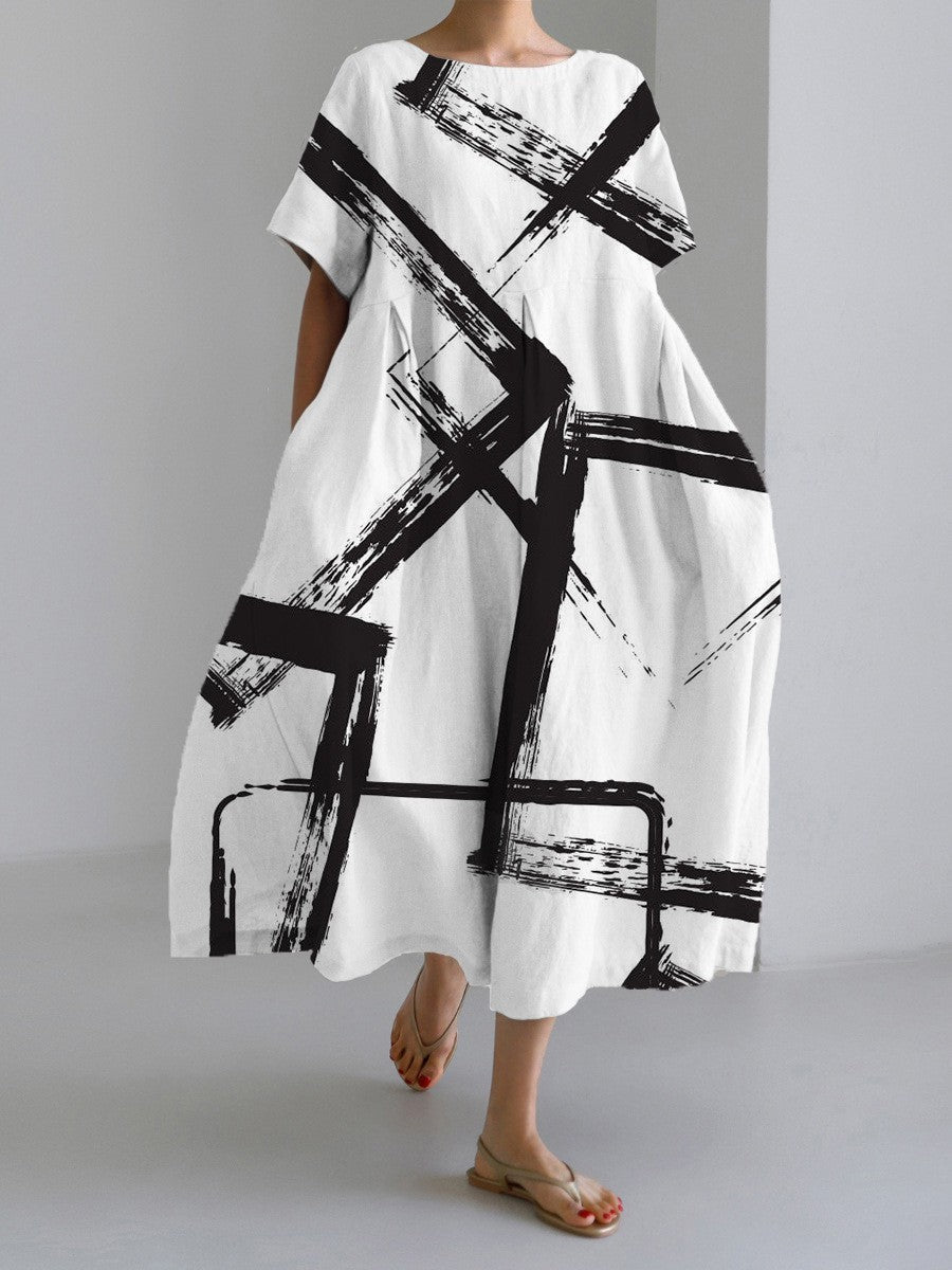 Lydia – Retro Stijl Lange Jurk met Kunstzinnig Geometrisch Patroon