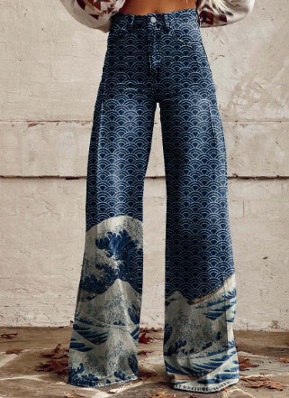 Charlotte – Gedrukte Hoge Taille Imitatie Denim Wijde Broek