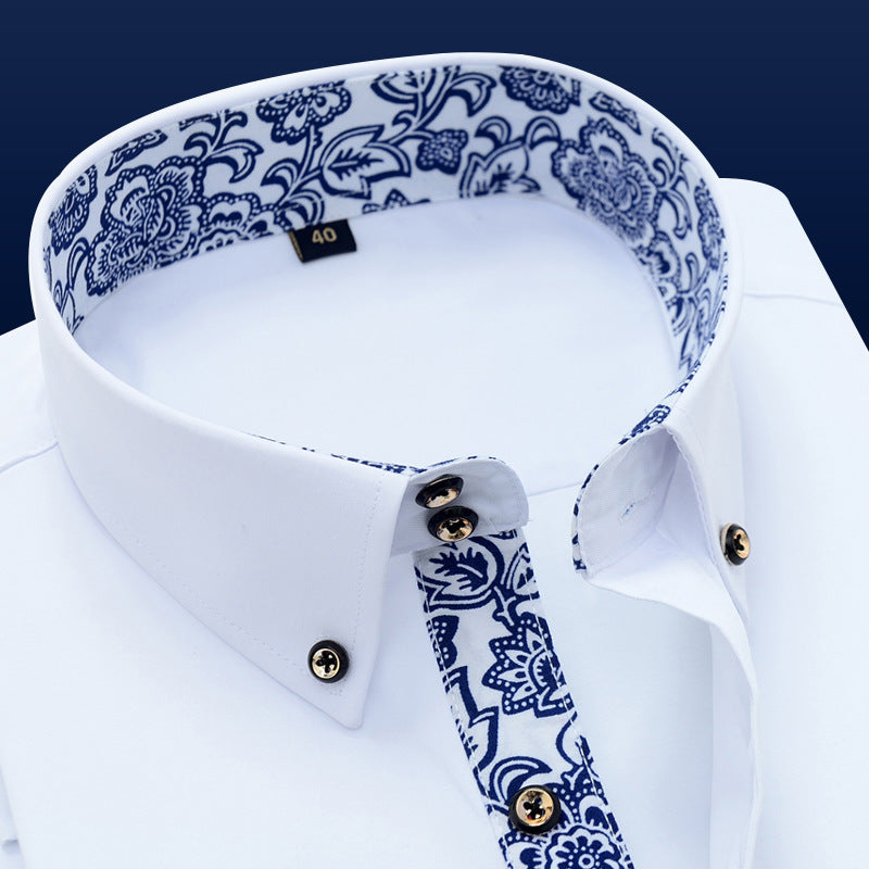 Derek – Blauw en Wit Porselein Kraag Zakelijk Casual Lange Mouwen Shirt
