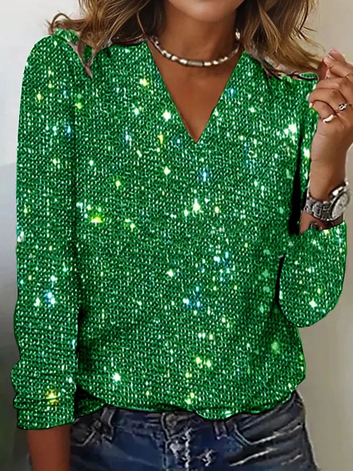 Caroline – Trendy Dames Glitter V-Hals Blouse met Lange Mouwen voor Lente en Zomer