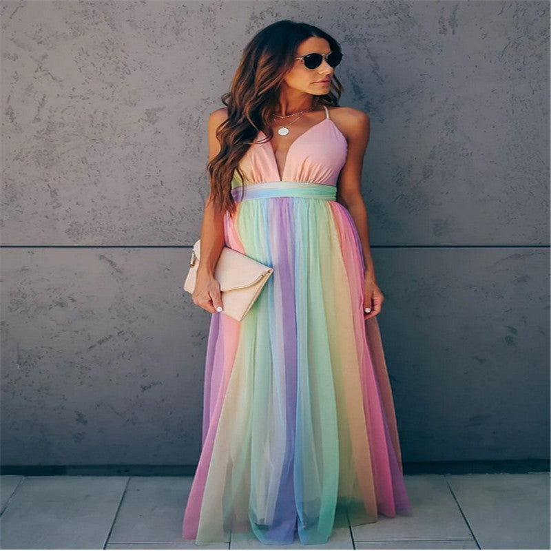Wendy – Regenboog Mesh Jurk met Spaghetti Bandjes