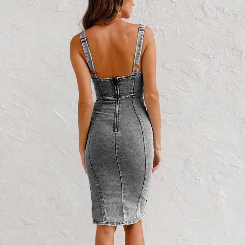 Elizabeth – Strakke Denim Jurk met Splitontwerp