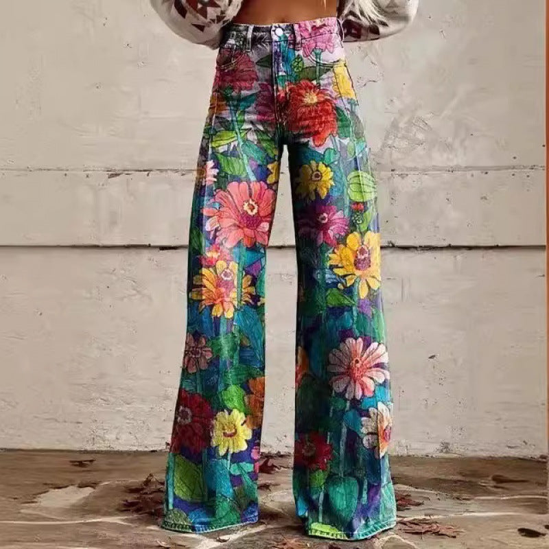 Charlotte – Gedrukte Hoge Taille Imitatie Denim Wijde Broek
