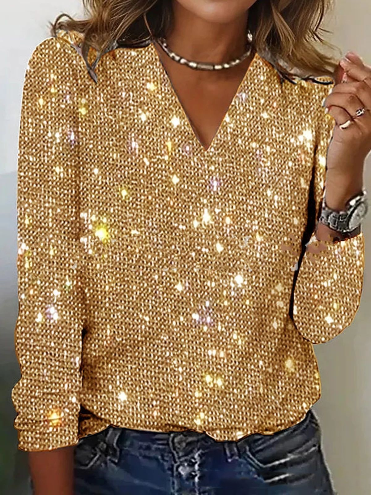 Caroline – Trendy Dames Glitter V-Hals Blouse met Lange Mouwen voor Lente en Zomer