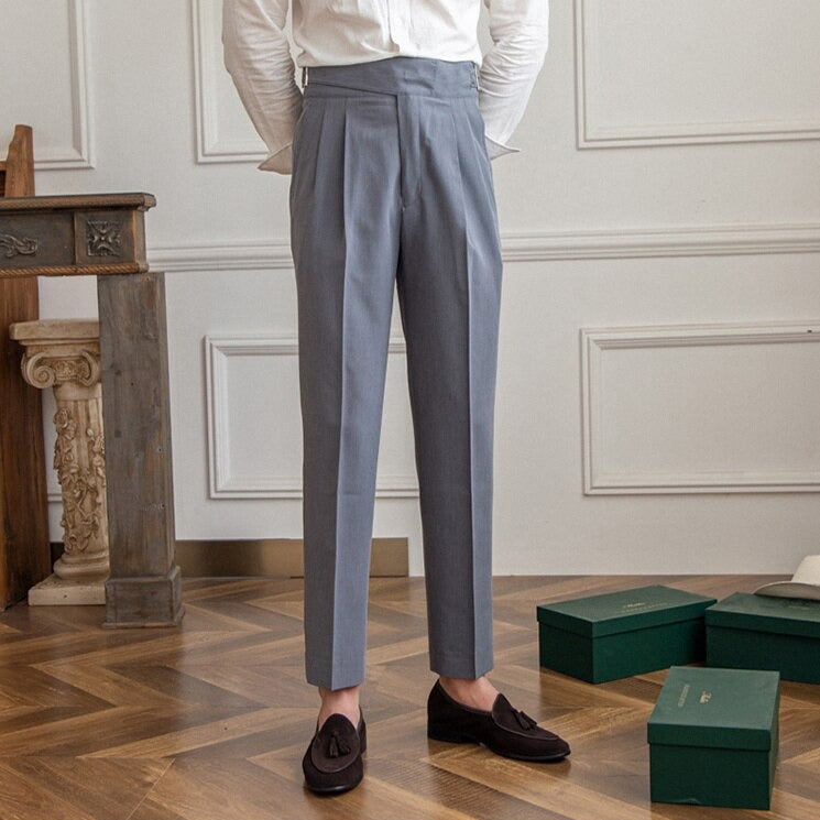 Heren Hoge Taille Pantalon op Maat – Klassieke Geplooide Broek met Gespsluiting, Zakelijke en Formele Stijl