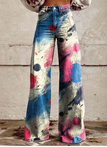 Charlotte – Gedrukte Hoge Taille Imitatie Denim Wijde Broek