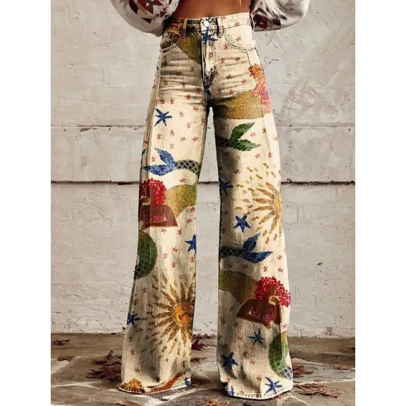 Charlotte – Gedrukte Hoge Taille Imitatie Denim Wijde Broek