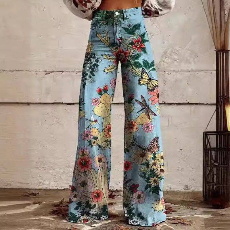 Charlotte – Gedrukte Hoge Taille Imitatie Denim Wijde Broek