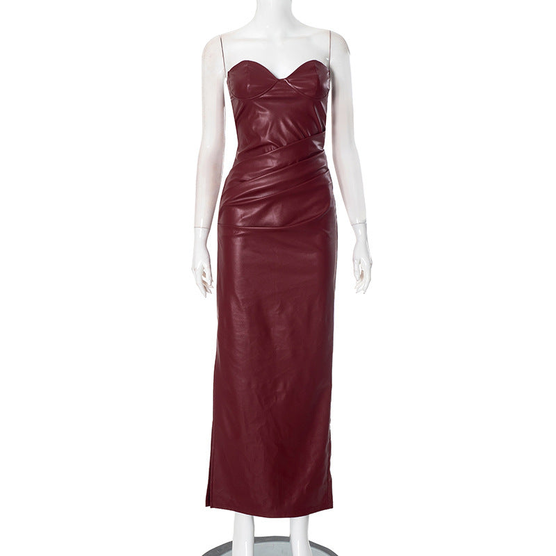 Joy – Strakke Vegan Leren Maxi Jurk met Tube Top