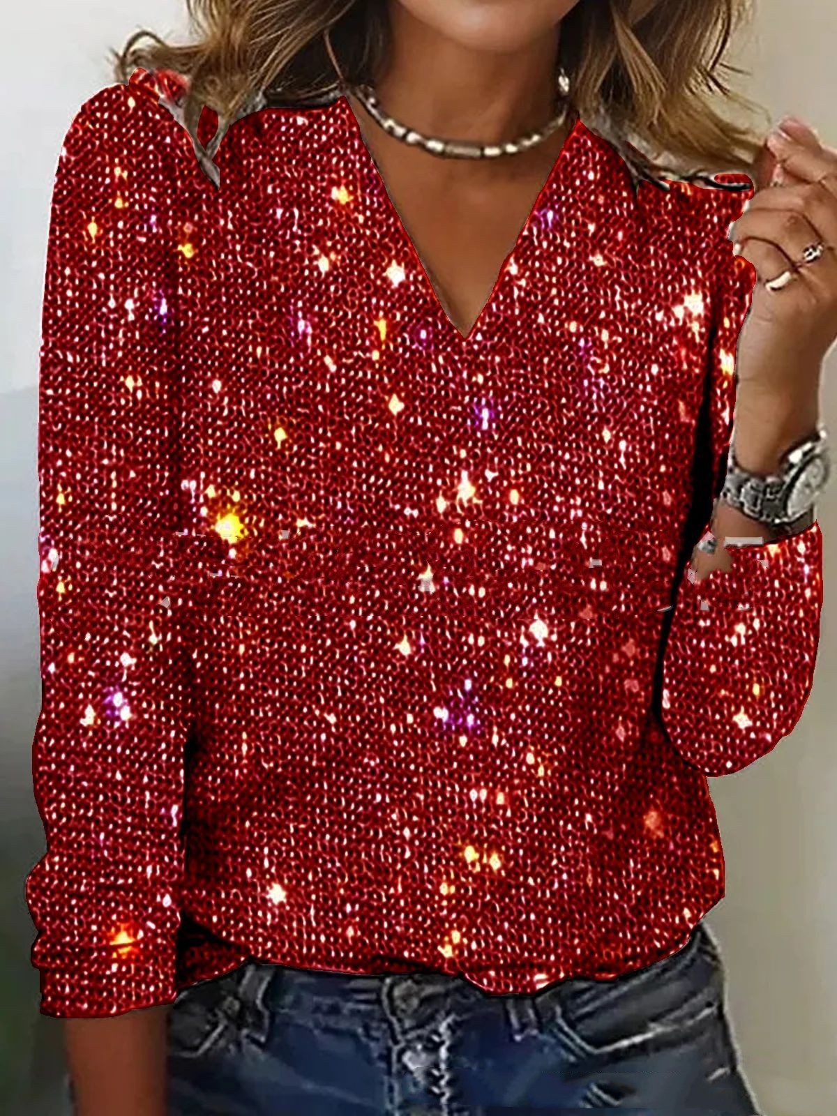 Caroline – Trendy Dames Glitter V-Hals Blouse met Lange Mouwen voor Lente en Zomer