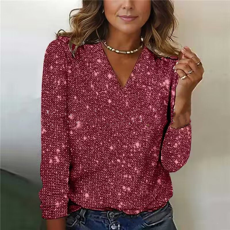 Caroline – Trendy Dames Glitter V-Hals Blouse met Lange Mouwen voor Lente en Zomer