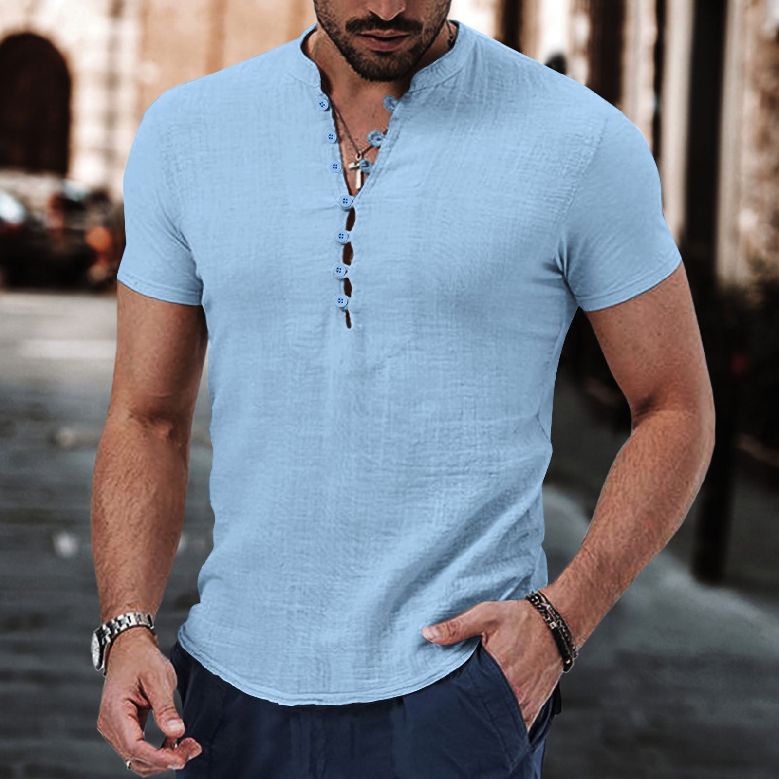 Heren casual T-shirt met knoopsluiting en moderne pasvorm