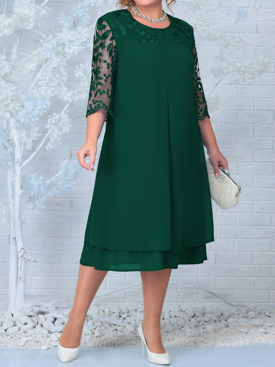 Joan – Geborduurde Chiffon Patchwork Jurk met Halflange Mouwen