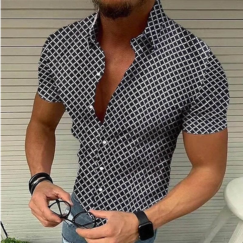 Heren Slim Fit Overhemd met Korte Mouwen – Casual Geometrisch Design