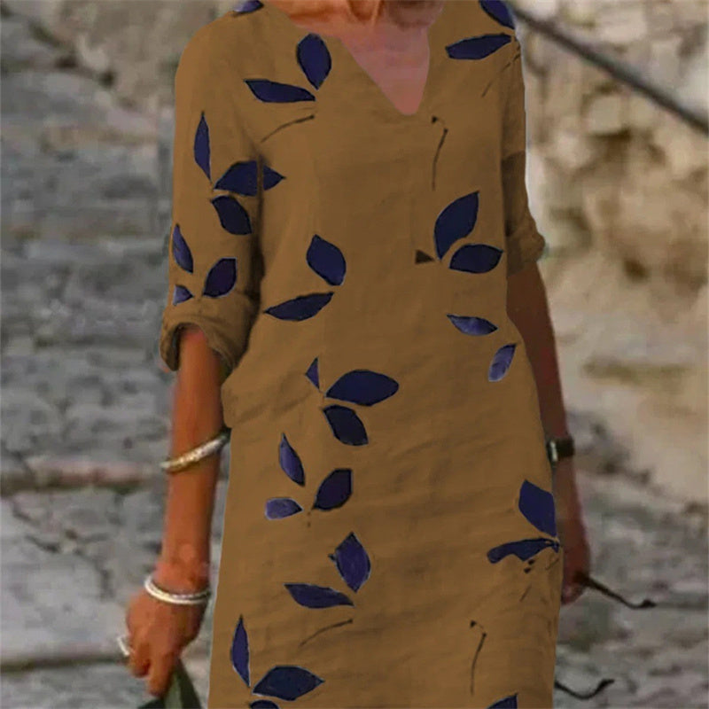 Jean – Vintage Bladprint Jurk met Halve Mouwen