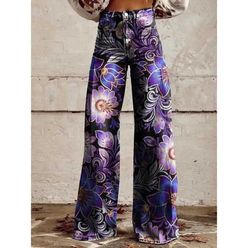 Charlotte – Gedrukte Hoge Taille Imitatie Denim Wijde Broek