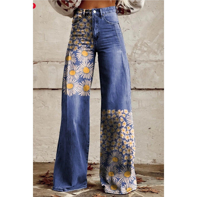 Charlotte – Gedrukte Hoge Taille Imitatie Denim Wijde Broek