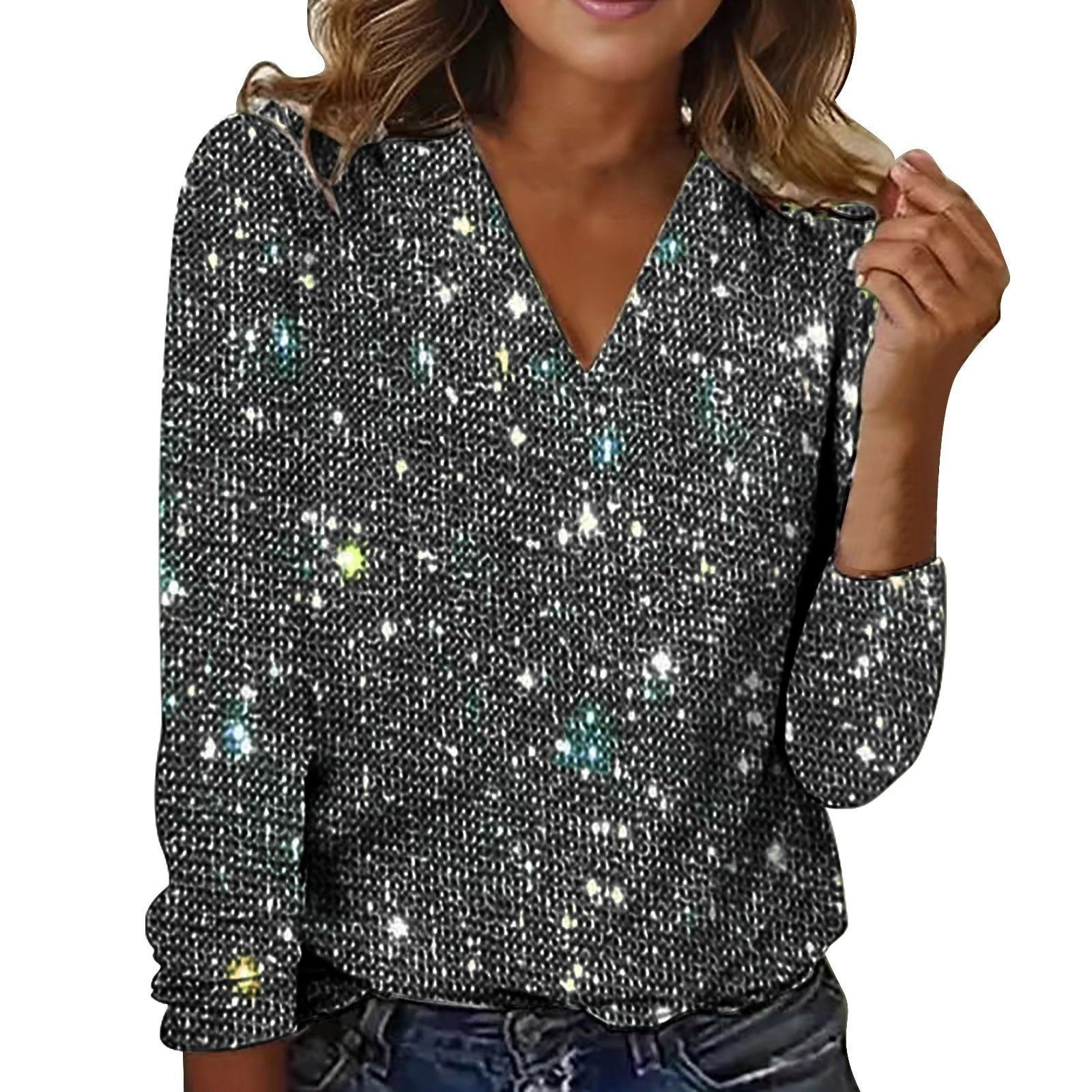 Caroline – Trendy Dames Glitter V-Hals Blouse met Lange Mouwen voor Lente en Zomer