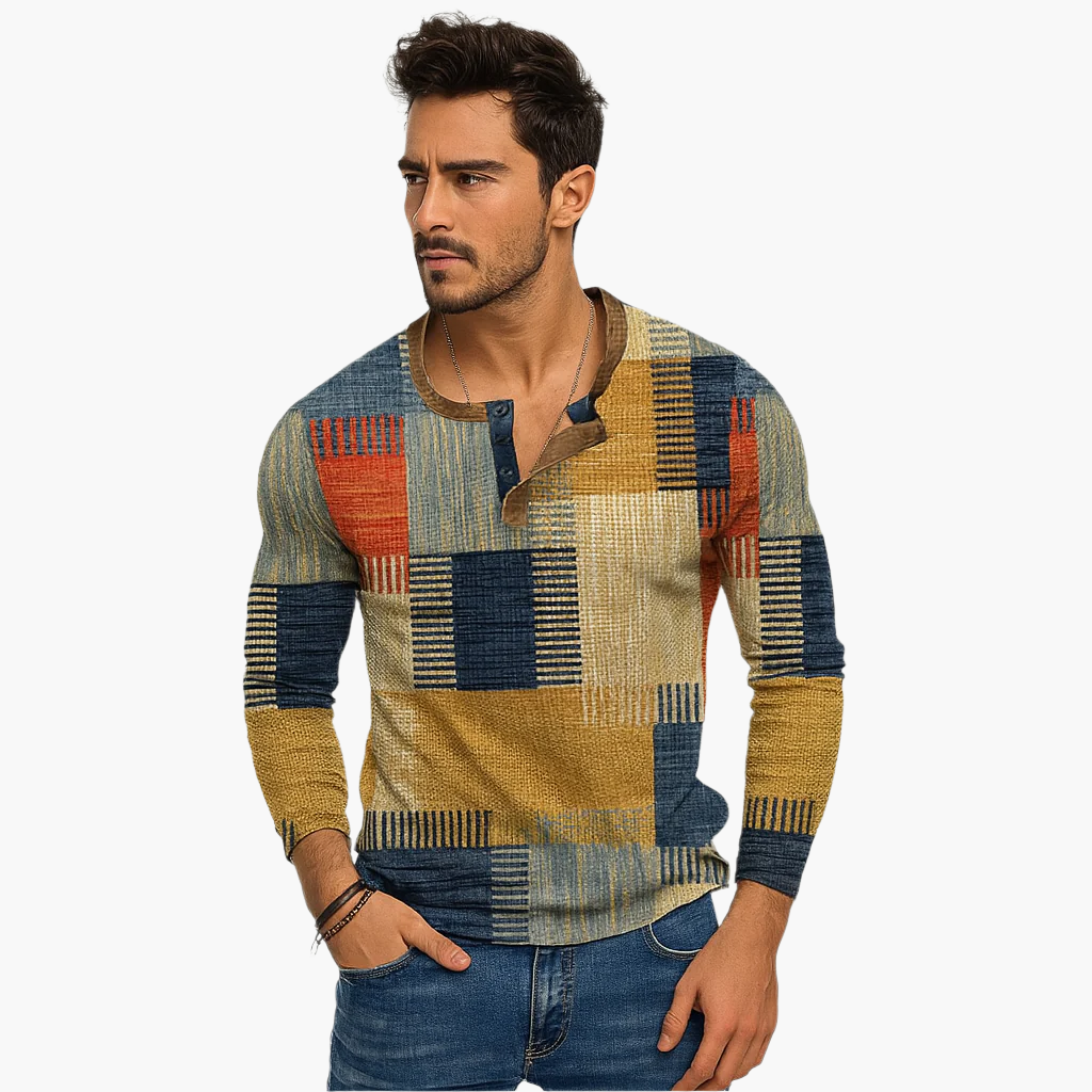 Heren Henley Gebreide Trui Patchwork Stijl – Comfortabele Modieuze Trui voor Herfst en Winter
