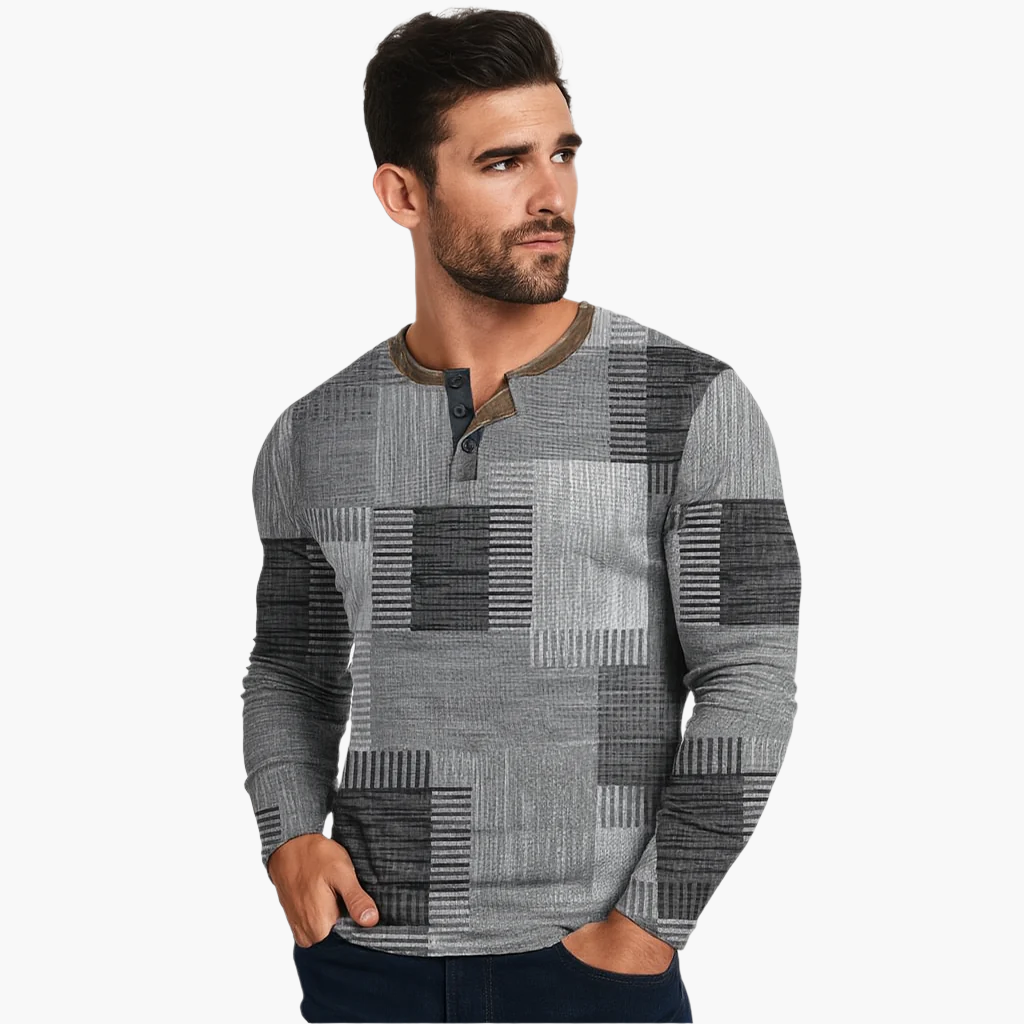 Heren Henley Gebreide Trui Patchwork Stijl – Comfortabele Modieuze Trui voor Herfst en Winter