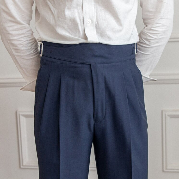 Heren Hoge Taille Pantalon op Maat – Klassieke Geplooide Broek met Gespsluiting, Zakelijke en Formele Stijl