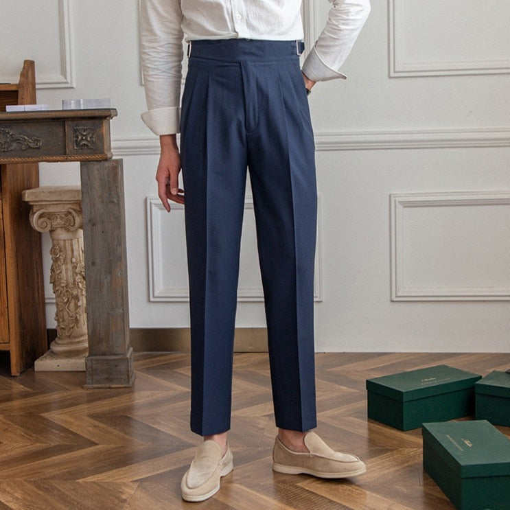 Heren Hoge Taille Pantalon op Maat – Klassieke Geplooide Broek met Gespsluiting, Zakelijke en Formele Stijl