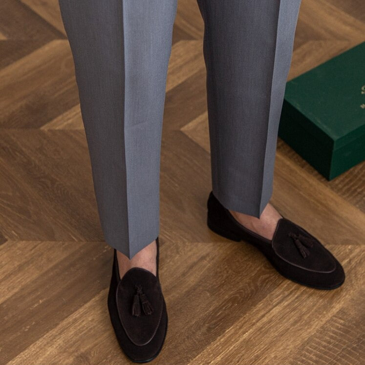 Heren Hoge Taille Pantalon op Maat – Klassieke Geplooide Broek met Gespsluiting, Zakelijke en Formele Stijl