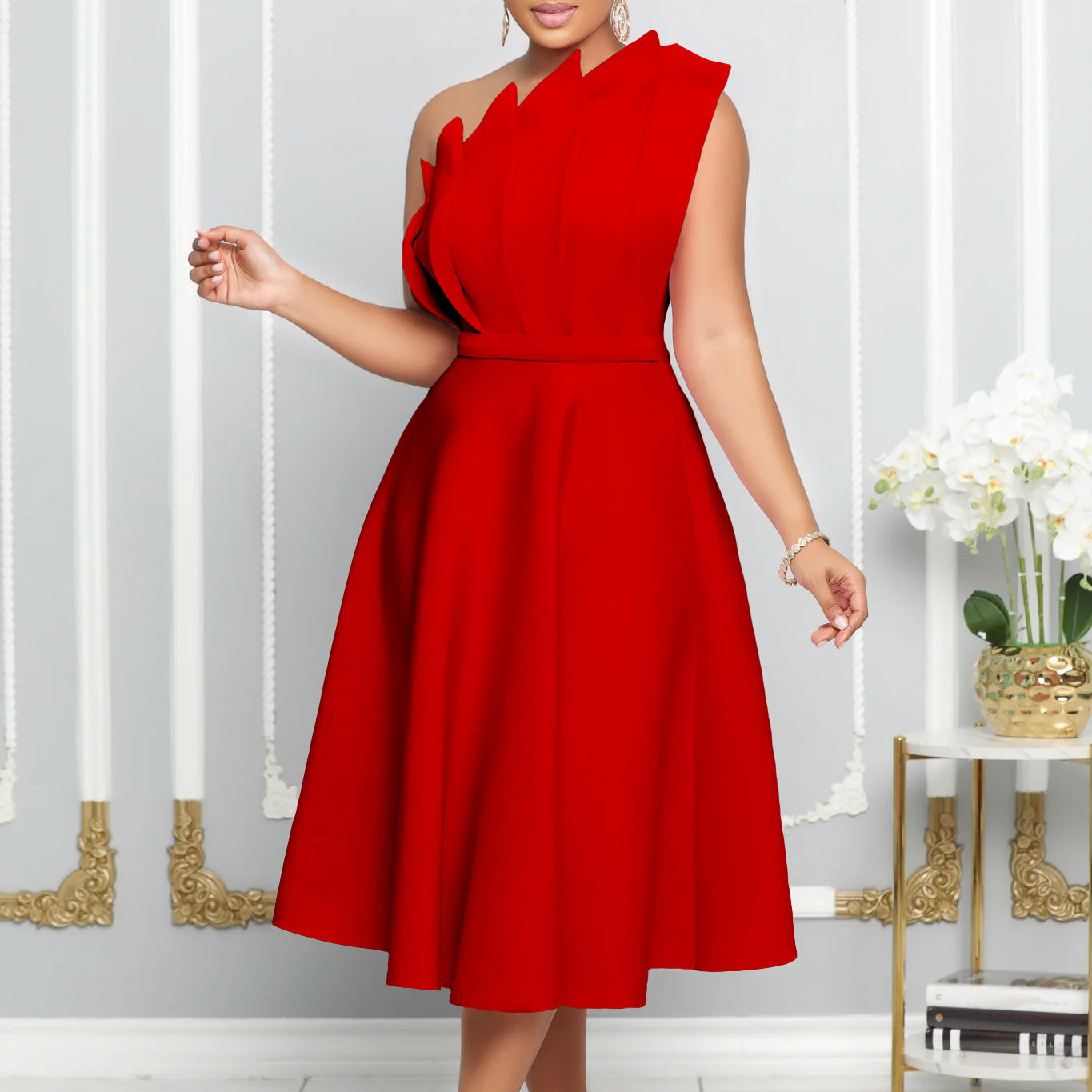 Kathryn – Elegante One-shoulder Jurk met Hoge Taille en Ruches