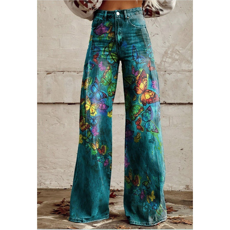 Charlotte – Gedrukte Hoge Taille Imitatie Denim Wijde Broek