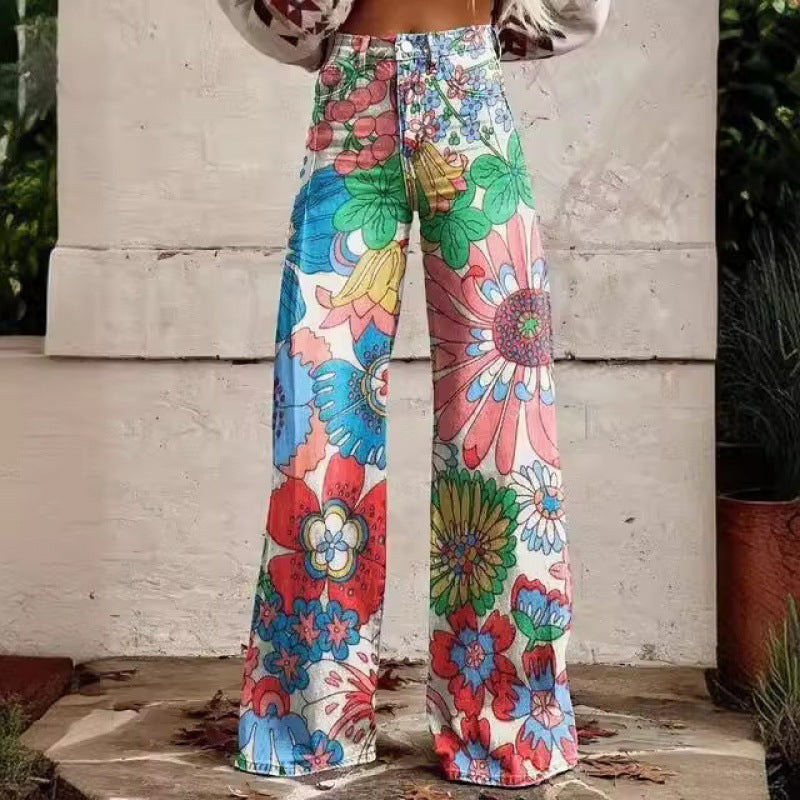 Charlotte – Gedrukte Hoge Taille Imitatie Denim Wijde Broek