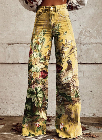 Charlotte – Gedrukte Hoge Taille Imitatie Denim Wijde Broek