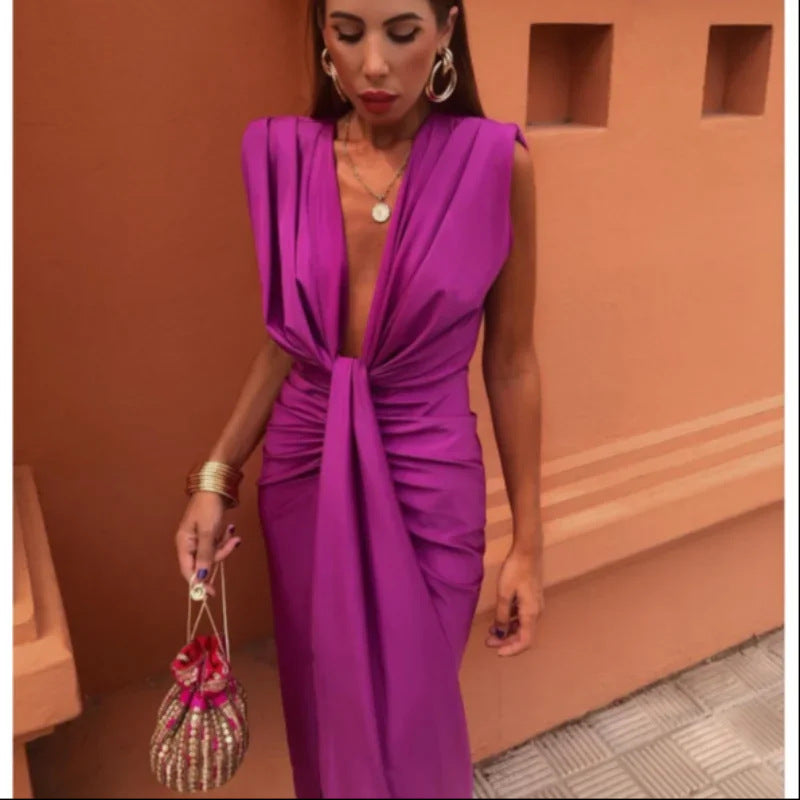 Patricia – Effen Kleur Kant Hoge Taille V-hals Jurk