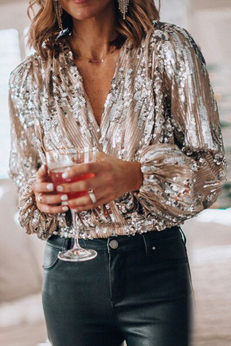 Dames Pailletten Blouse Luxe Party Chique Slim Fit V-Hals Top