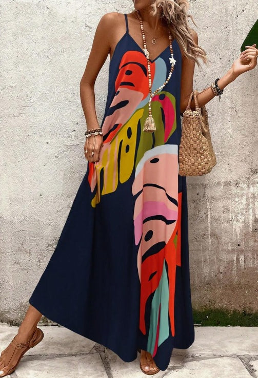 Joy – Modieuze Jurk met Kleurvolle Bladerenprint en Bandjes